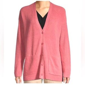 Eileen Fisher Organic Linen Crepe Stretch Boyfriend Cardigan in Coral XL